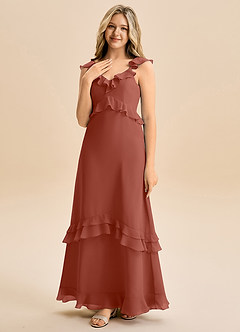 Azazie Tavie Junior Vestido de Castaño de Gasa de Corte en A con Volante image3