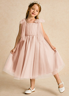 Azazie Dori Robe Demoiselle D'honneur Fillette Robe Trapèze en Tulle Rayé Rose Perle image4