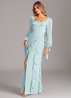 Azazie Candice Bridesmaid Dresses Sea Glass A-Line Long Sleeve Chiffon Dress image3