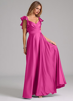 Azazie Leilani Vestidos de damas de honor Vestido de Fucsia de Satén Elástico de Corte en A con Volante image4