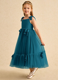 Azazie Jaci Flower Girl Dresses Ink Blue A-Line Spaghetti Strap Chiffon Dress image1