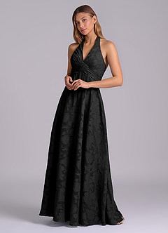 Azazie Tessie At-home Try On Dresses Black A-Line Pleated Floral Burnout Dress image4