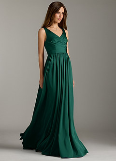Azazie Keyla Bridesmaid Dresses Emerald A-Line Pleated Stretch Satin Dress image1