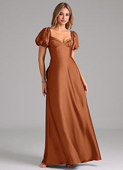 Azazie Fatima Bridesmaid Dresses Copper A-Line Pleated Stretch Satin Dress image1