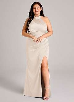 Azazie Jemma 신부 들러리 드레스 쉬스 주름진 스트레치 새틴 바닥 길이 드레스 image7