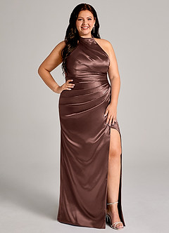 Azazie Jemma Jurken voor bruidsmeisjes Jurk van Metaalachtig Satijn met Kolom Geplooid Espresso image11