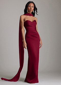 Azazie Sonora At-home Try On Dresses Burgundy Sheath Strapless Stretch Satin Dress image9