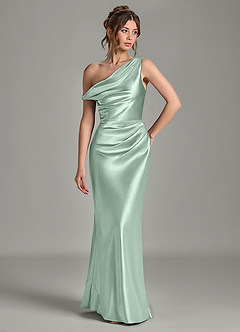 Azazie Emerson Bridesmaid Dresses Agave Mermaid Off the Shoulder Metallic Satin Dress image4