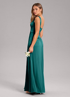 Azazie Frostine Bridesmaid Dresses Peacock A-Line Bow Stretch Satin Dress image7
