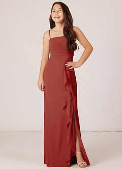 Azazie Kaylee Junior Terracotta A-Line with Belt Chiffon Dress image4