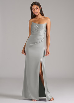 Azazie Marla Vestidos de damas de honor Vestido de Plata de Satén Elástico de Corte Recto Convertible con Sin tirantes image4