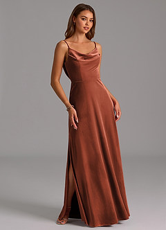 Azazie Olaine Final Sale Terracotta A-Line Pleated Velvet Dress image5