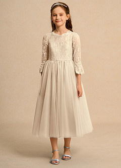 Azazie Lamb Girl Abiti da Ragazza di Fiori Abito Principessa in Pizzo Champagne image4