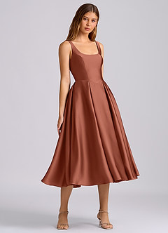 Azazie Amalie Bridesmaid Dresses Auburn A-Line Pleated Stretch Satin Dress image1