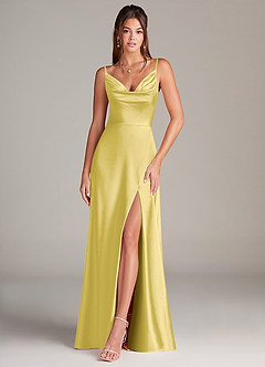 Azazie Sarella Bridesmaid Dresses Canary A-Line Pleated Stretch Satin Dress image1