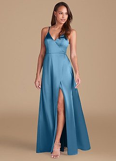 Azazie Maksim Final Sale Steel Blue A-Line Metallic Satin Dress image4