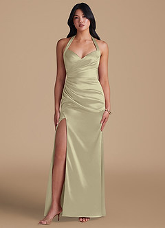 Azazie Emeria Bridesmaid Dresses Moss Green Sheath Side Slit Metallic Satin Dress image5