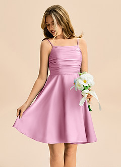 Azazie Miko Junior Candy Pink A-Line Pleated Stretch Satin Dress image4