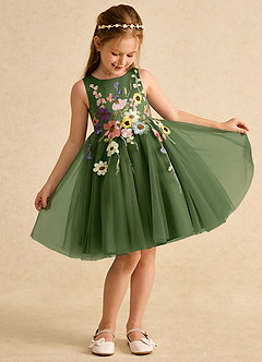 Azazie Prima Blumenmädchenkleider A-Linie Schleifen Tüll Kleid Olivgrün image3
