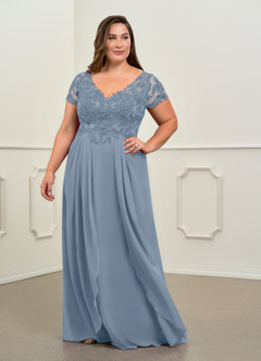 Azazie Dunja Mother of the Bride Dresses Dusty Blue A-Line V-Neck Lace Chiffon Dress image9