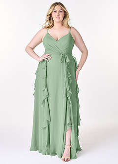 Azazie Peyton Abiti da Damigella Abito A-Line in Chiffon Increspato Matcha image7