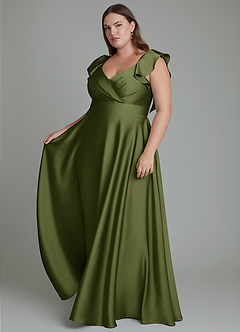 Azazie Leilani Bridesmaid Dresses Olive A-Line Ruched Stretch Satin Dress image4