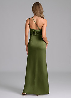 Azazie Eren Vestidos de damas de honor Vestido de Oliva de Satén Elástico de Corte Sirena con Hombro unilateral image3