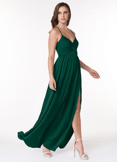 Azazie Raya Bridesmaid Dresses Emerald A-Line V-Neck Pleated Stretch Satin Dress image4