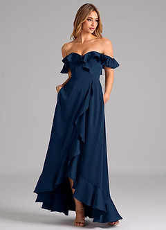 Azazie Lyra Bridesmaid Dresses Dark Navy A-Line Off the Shoulder Stretch Satin Convertible Dress image3