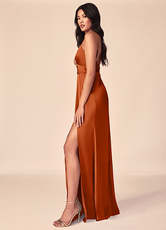 Azazie Aqua Bridesmaid Dresses Burnt Orange A-Line V-Neck Pleated Stretch Satin Dress image4