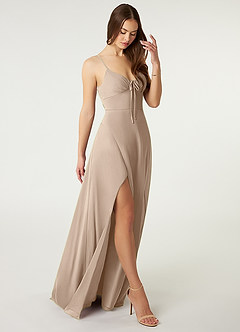 Azazie Minie Bridesmaid Dresses Taupe A-Line Bow Chiffon Dress image1