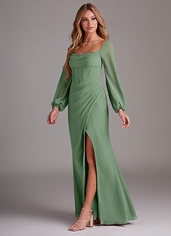 Azazie Charissa Brautjungfernkleider Etui Langarm Chiffon Kleid Matcha image4