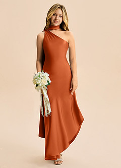 Azazie Briony Junior Etui Plissee Stretch-Satin Kleid Gebranntes Orange image1