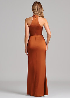 Azazie Karlotta Bridesmaid Dresses Cinnamon Sheath Pleated Stretch Satin Dress image2
