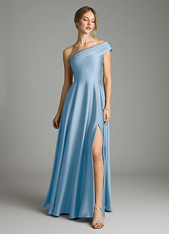 Azazie Melanie Bridesmaid Dresses Powder Blue A-Line Off the Shoulder Stretch Satin Dress image3