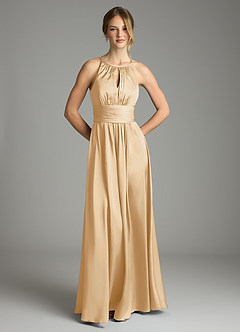 Azazie Bonnie Bridesmaid Dresses Gold A-Line Pleated Stretch Satin Dress image3