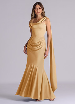 Azazie Inara 신부 들러리 드레스 인어 주름진 스트레치 새틴 바닥 길이 드레스 image4