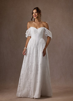 Azazie Britt Vestidos de noiva Vestir Diamante Branco de Renda de Linha A com Decote em coração image1