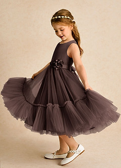 Azazie Miracle Blumenmädchenkleider A-Linie Schleifen Matte Satin Kleid Ganache image1