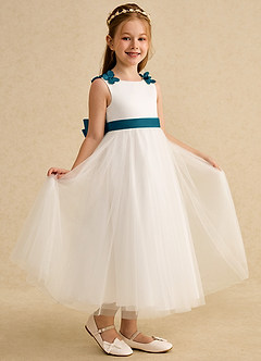 Azazie Lilli vestidos de niña de las flores Vestido de Marfil Azul Tinta de Tul de Corte En A con Lazo image1