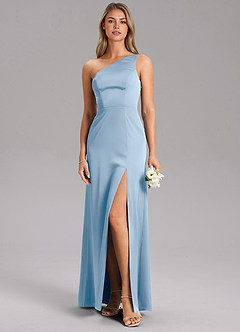 Azazie Phaedra Bridesmaid Dresses Powder Blue A-Line One Shoulder Stretch Satin Dress image9