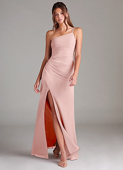 Azazie Eren Vestidos de damas de honor Vestido de Rosa Empolvado de Gasa de Corte Recto con Hombro unilateral image1