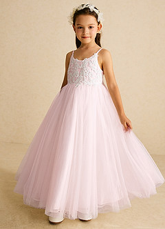 Azazie Buttercup Robe Demoiselle D'honneur Fillette Robe Trapèze en Tulle Dentelle Ivoire Rose Rougissant image5
