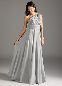 Azazie Charlize Bridesmaid Dresses Silver A-Line One Shoulder Stretch Satin Dress image2