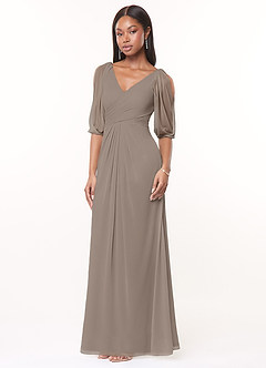 Azazie Noelia Venta Final Vestido de Gris Pardo de Malla de Corte en A con Plisado image3