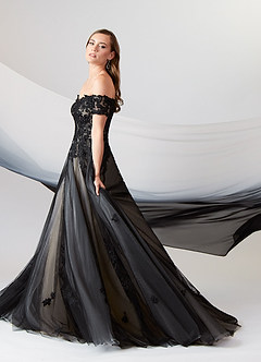 Azazie Rowe Wedding Dresses Black Champagne Ball-Gown Off the Shoulder Tulle Dress image7