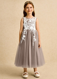 Azazie Sundae Flower Girl Dresses Taupe Ball-Gown Lace Dress image7