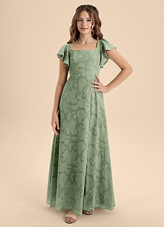 Azazie Bondi Junior A-Linie Schleifen Blumen-Burnout Kleid Staubiger Salbeigrün image4