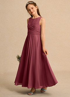 Azazie Ducky Girls Formal Robe Demoiselle D'honneur Fillette Robe Trapèze en Mousseline de soie Plissée Merlot image5