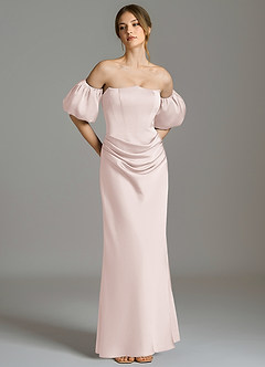 Azazie Kacey Bridesmaid Dresses Blushing Pink Mermaid Off the Shoulder Stretch Satin Dress image1